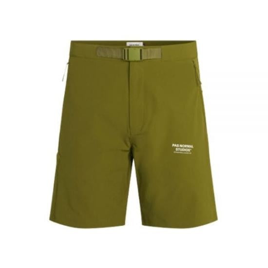Pas Normal Studios Minimalist Olive Green Shorts With Adjustable Waist And Logo Detail