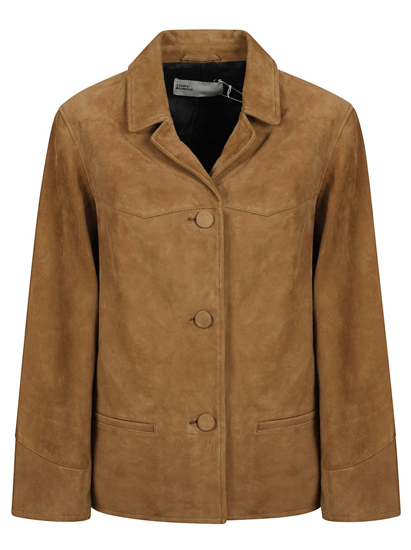Tory Burch Structured Brown Goat Leather Jacket With Revere Collar