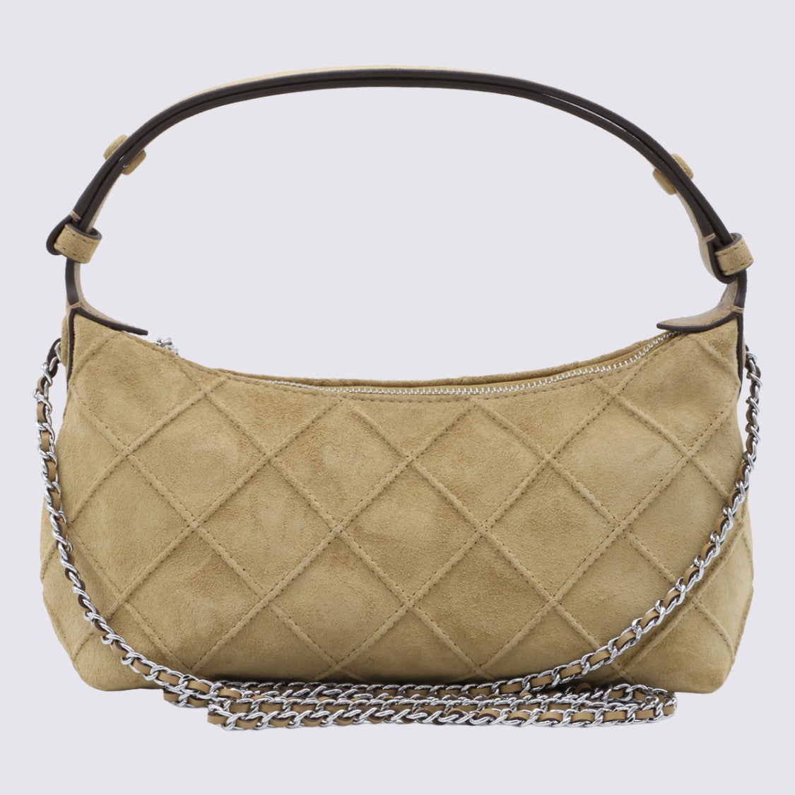 Tory Burch Quilted Handbag With Suede Texture And Silver Accents