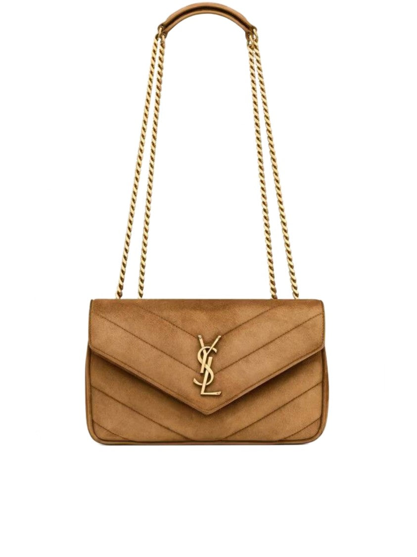 Saint Laurent Chevron Quilted Suede Shoulder Bag With Gold-Tone Chain Strap