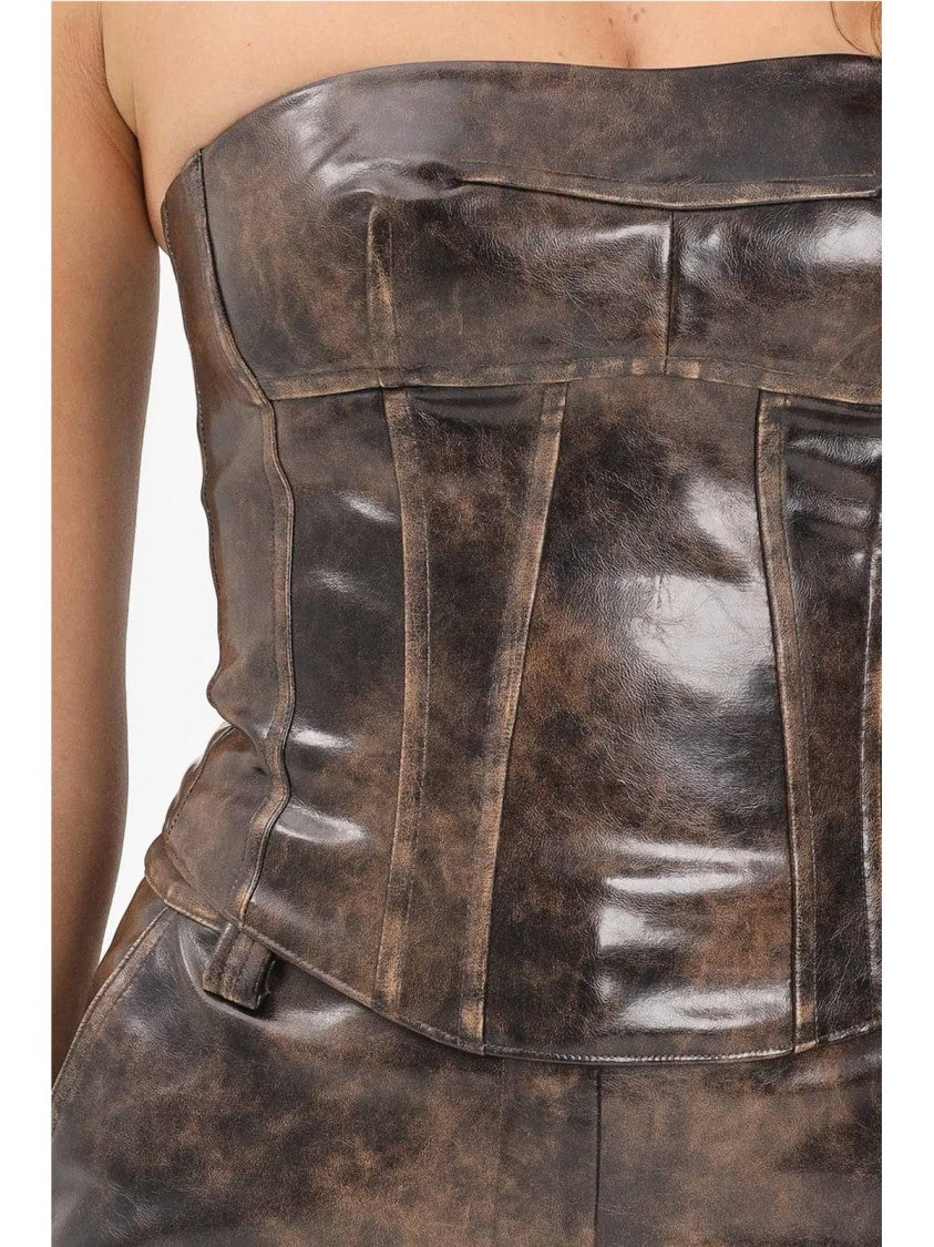 Patrizia Pepe Strapless Structured Brown Corset Top With Textured Finish
