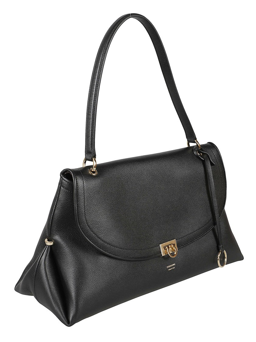 Ferragamo Structured Black Calf Leather Handbag With Gold-Tone Hardware