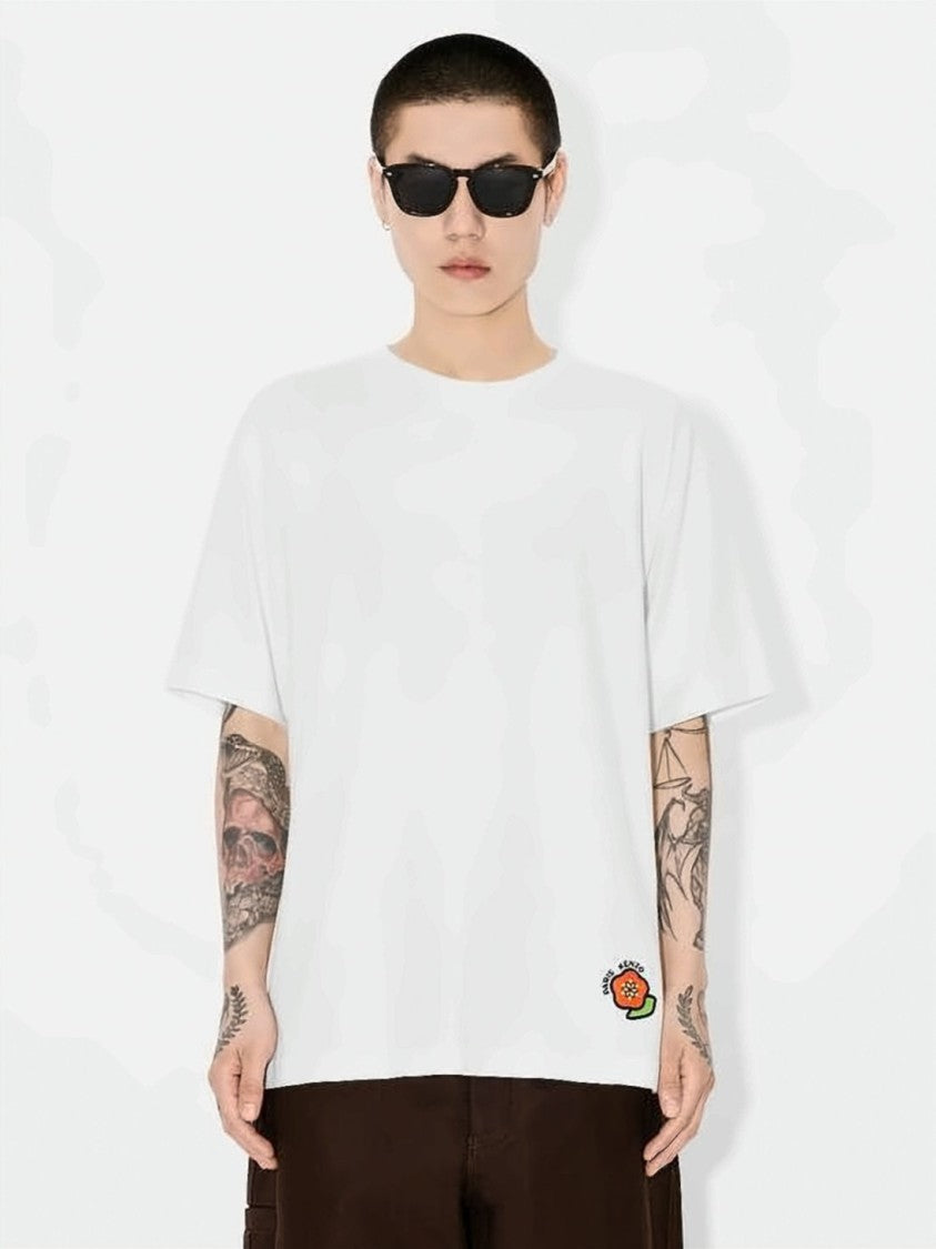 Kenzo Relaxed Fit White Cotton T-Shirt With Flower Embroidery