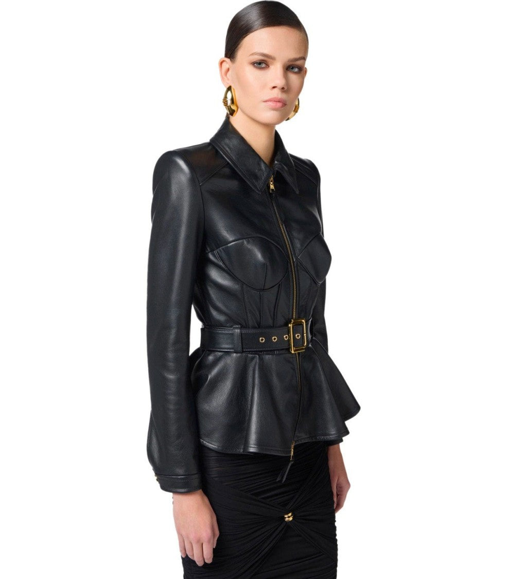 Elisabetta Franchi Black Leather Belted Jacket
