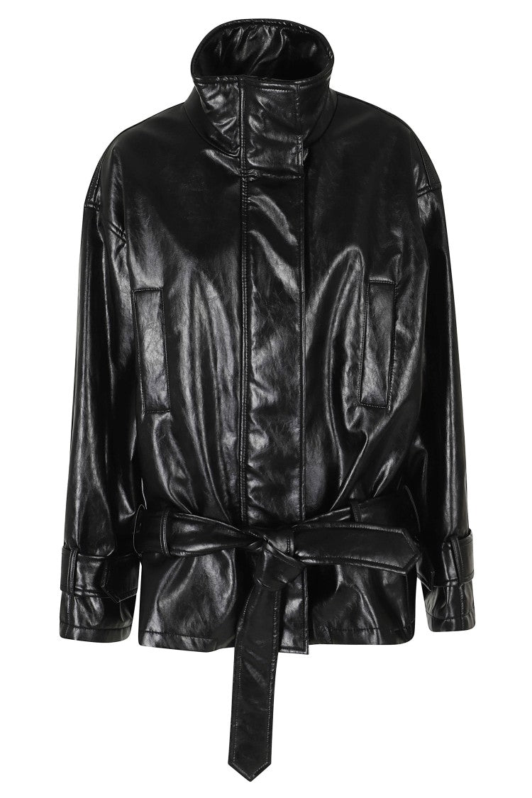 Federica Tosi Black Belted High Neck Leather Polyurethane Bomber Jacket