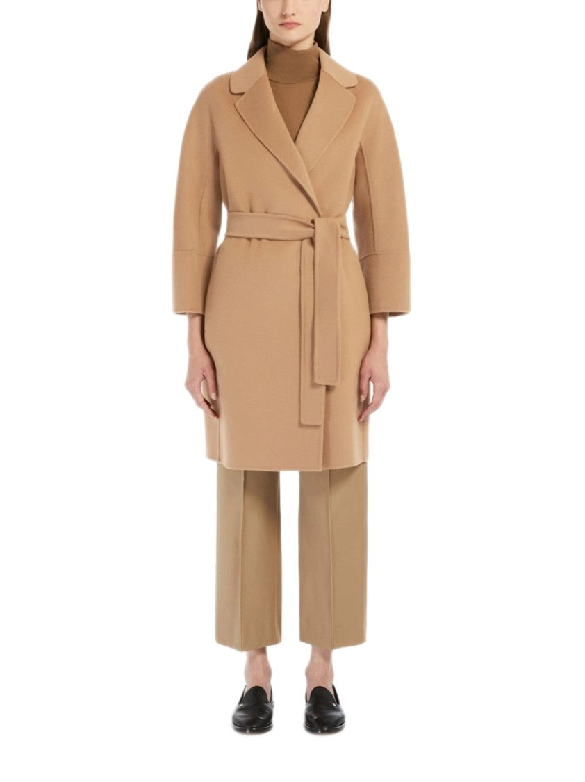 Max Mara Knee-Length Camel Coat With Notched Lapel And Waist Belt