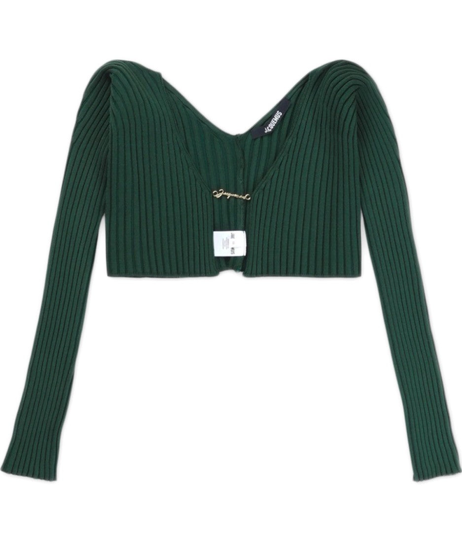 Jacquemus Ribbed Knit Cropped Cardigan With Deep Neckline