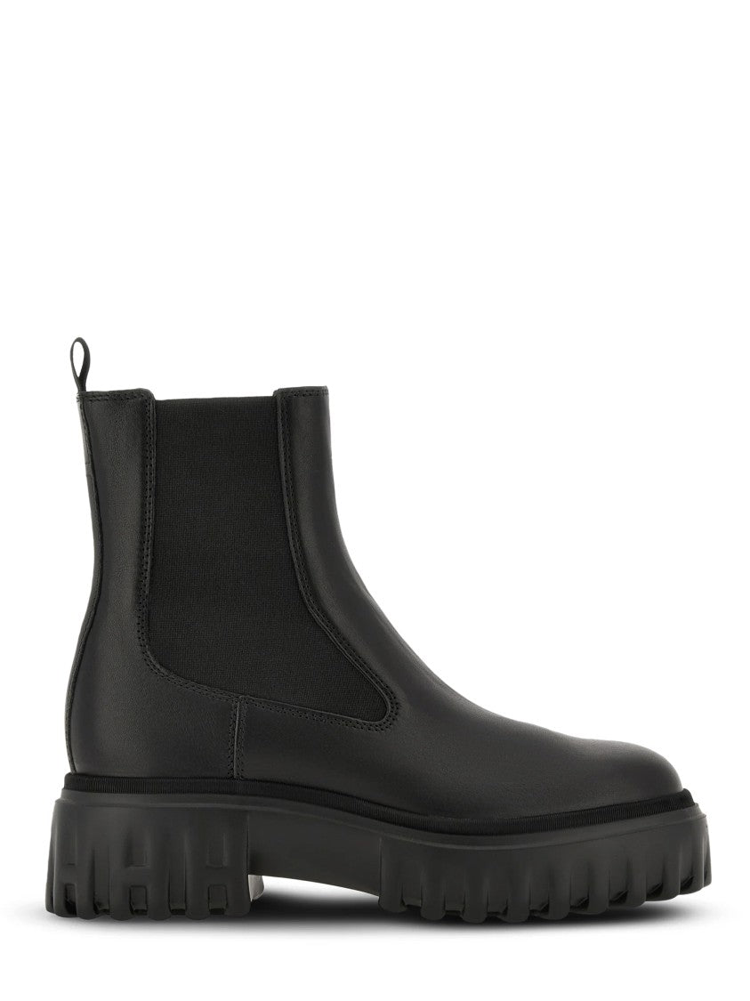 Hogan Black Smooth Calfskin Chunky Sole Chelsea Boots