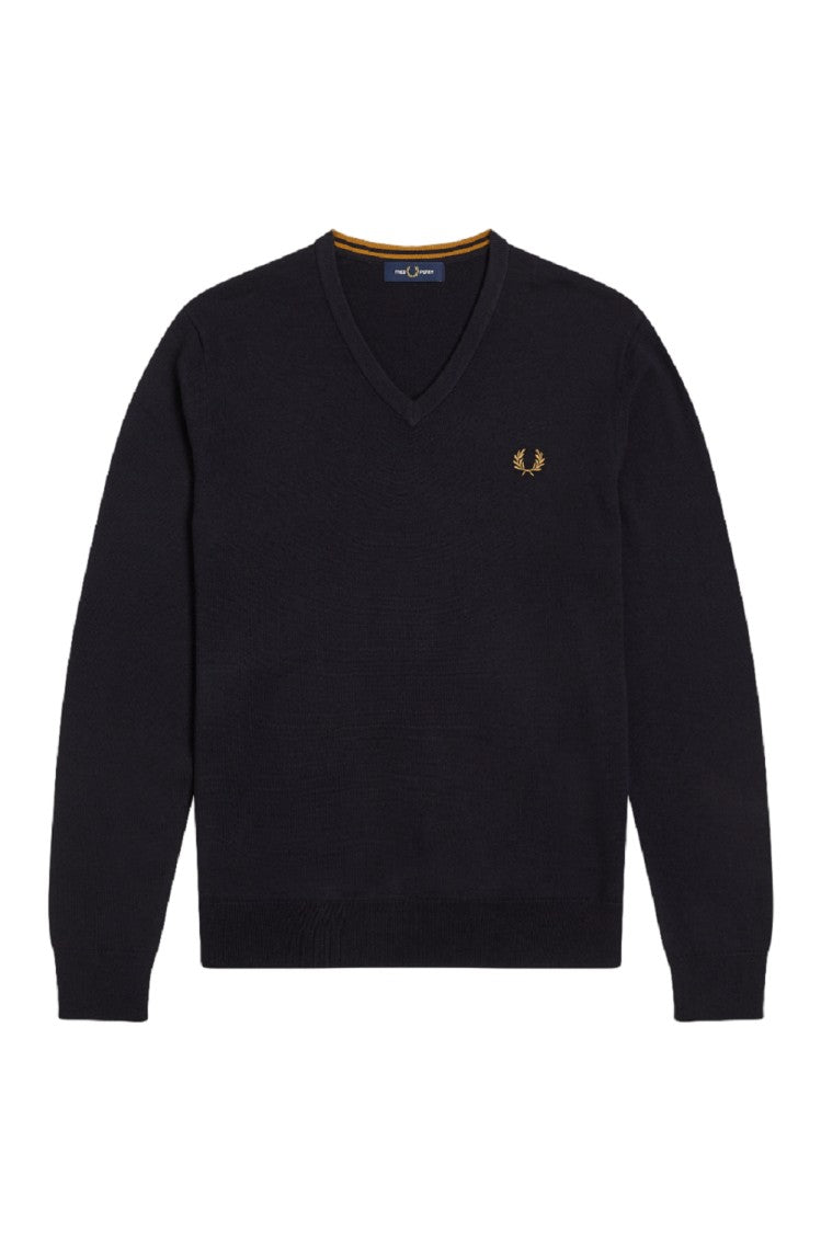 Fred Perry Blue Wool/Cotton Blend V-Neck Pullover