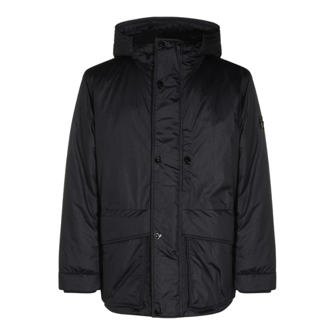 Stone Island Matte Black Poly Nylon Coat With Hood