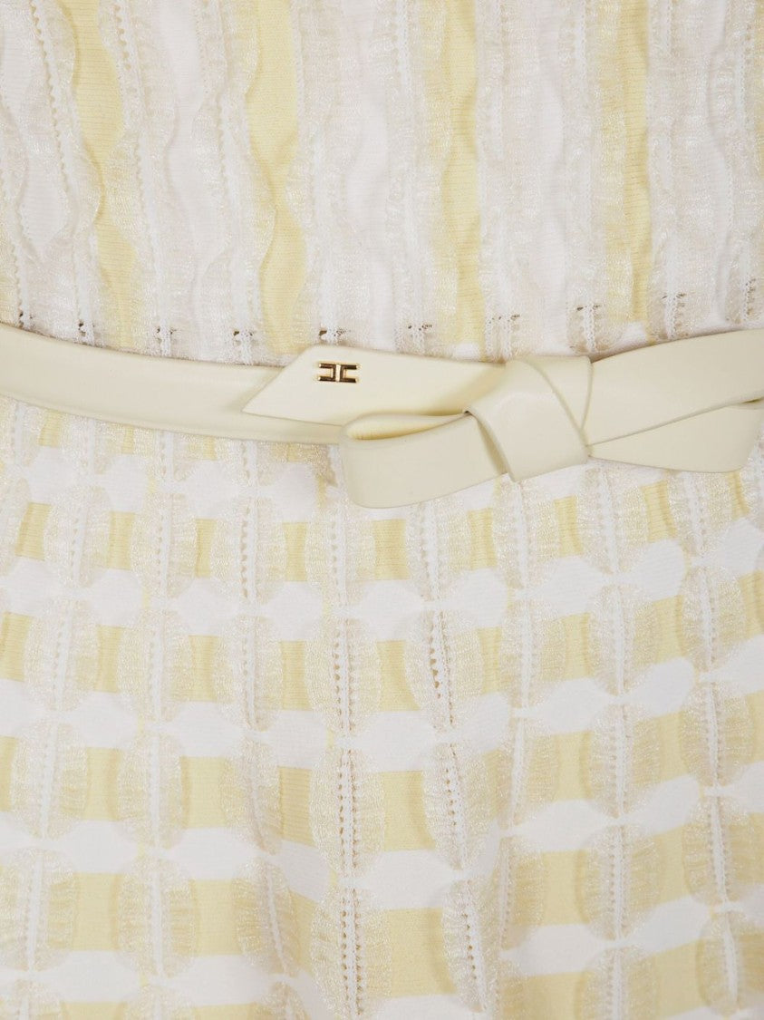 Elisabetta Franchi Yellow And White Dress With Flared Skirt And Matching Belt