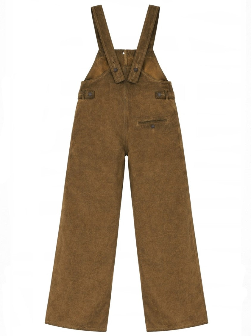 Uma Wang Wide Fit Brown Cotton Dungarees With Adjustable Straps And Textured Finish