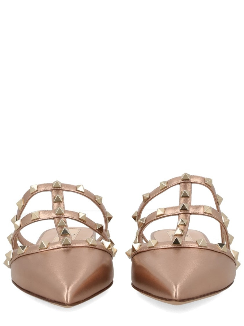 Valentino Garavani Rockstud Pointed-Toe Metallic Studded Flat Mules