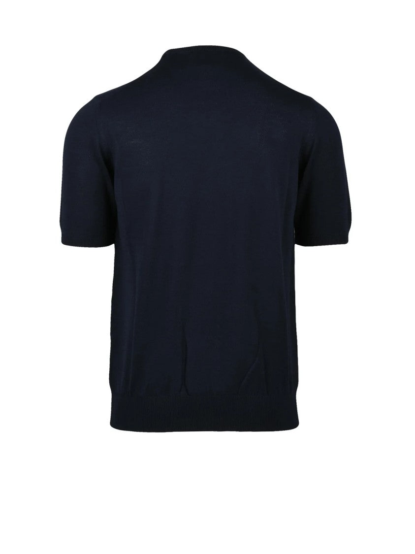 Alpha Studio Navy Blue Cotton Crewneck Knit Top