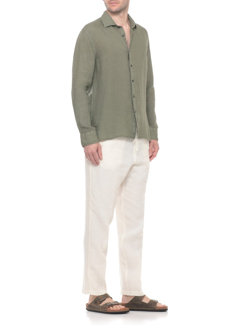 120% Lino Army Green Cotton Casual Shirt