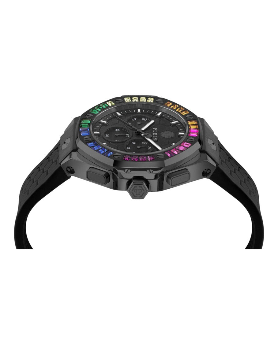 Philipp Plein Chronograph Quartz Silicone Watch With Black Guilloche Dial