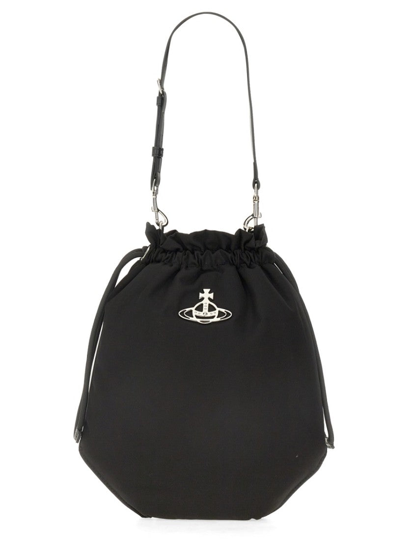 Vivienne Westwood Soft Black Shoulder Bag With Drawstring Closure
