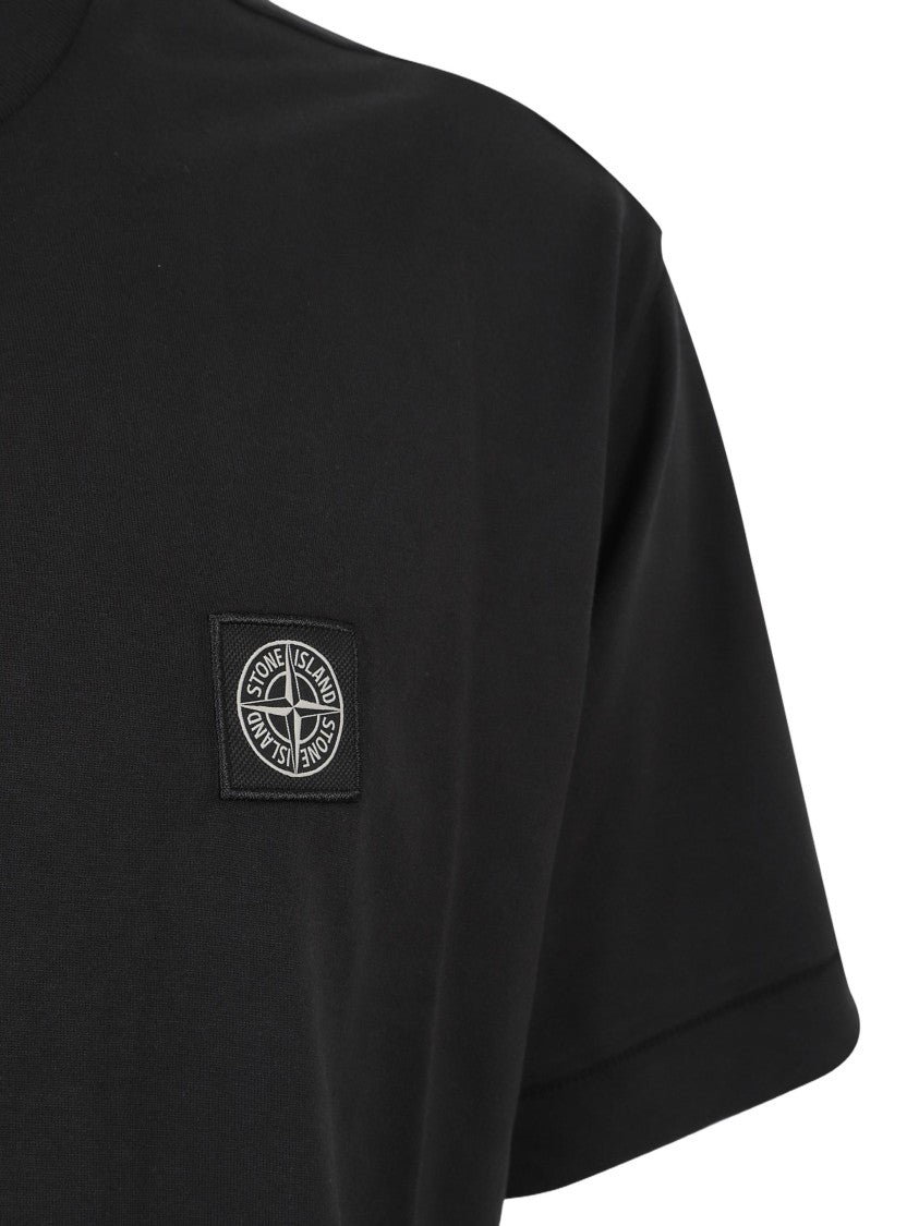 Stone Island Black Cotton T-Shirt With Iconic Logo Patch