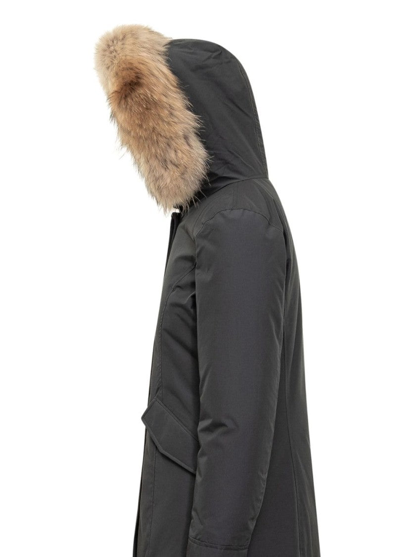Woolrich Structured Black Parka With Natural Fur Hood