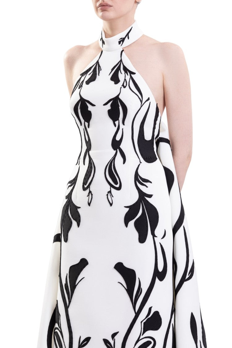 Saiid Kobeisy Laser Cut Scuba Halter Neck Dress With Bold Organic Motifs