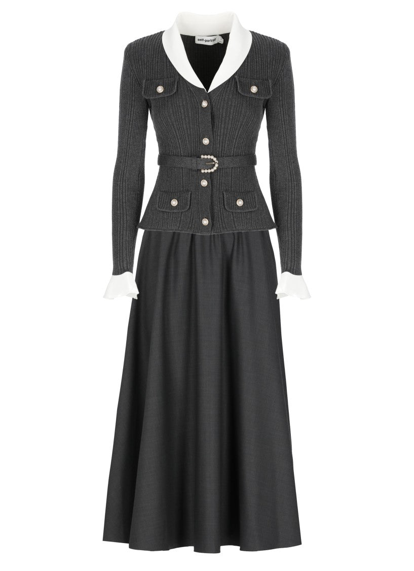 Self-Portrait Knit Twill Midi Dress With White Collar And Versatile Silhouette