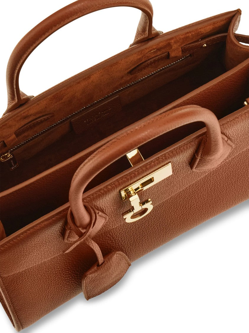 Ferragamo Structured Calf Leather Handbag With Gold-Tone Clasp