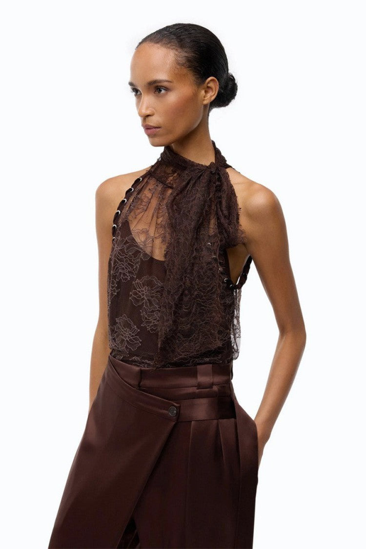 Pinko Brown Nylon Lace Cowl-Neck Top