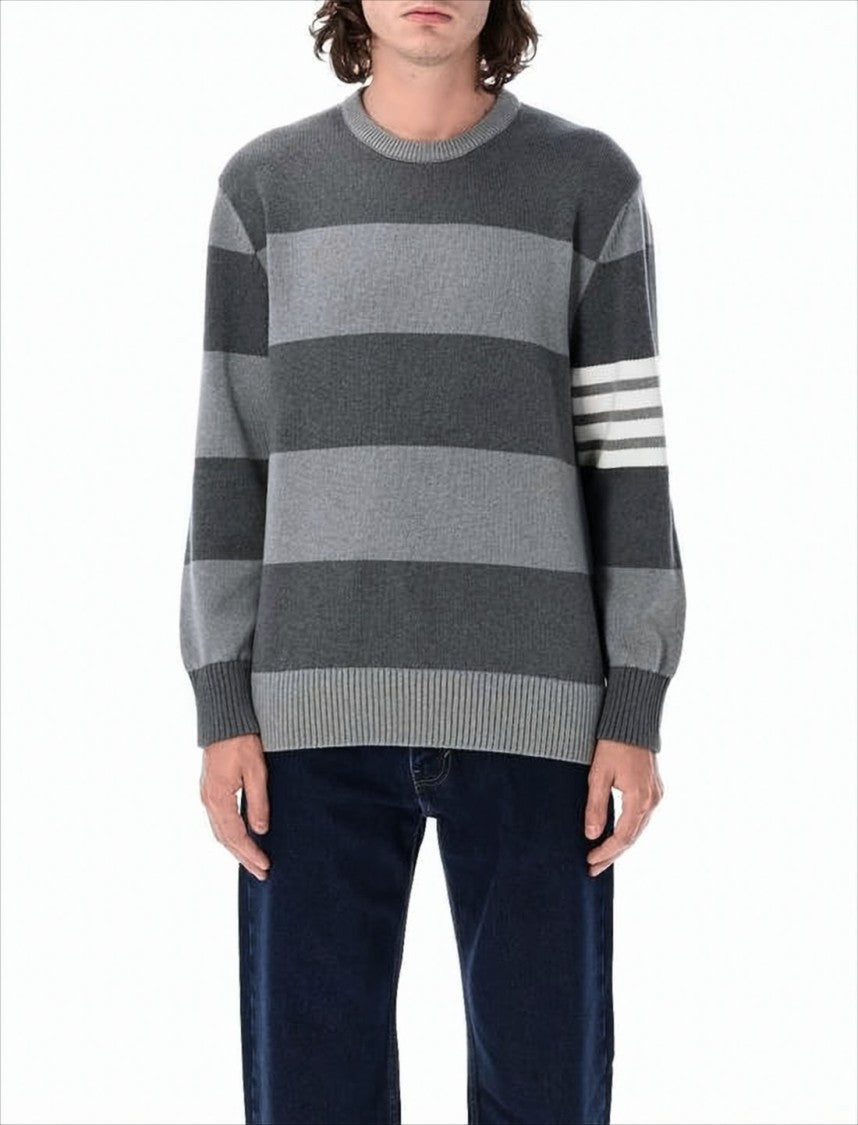Thom Browne Relaxed Fit Grey Striped Knitted Sweater With Rose Motif