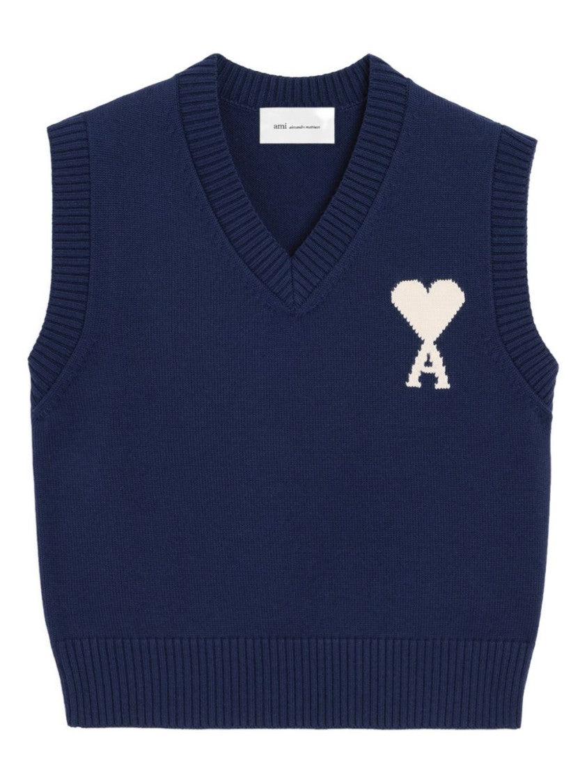 Ami Paris Sleeveless Deep Blue Sweater Vest With V-Neck And Ribbed Hem