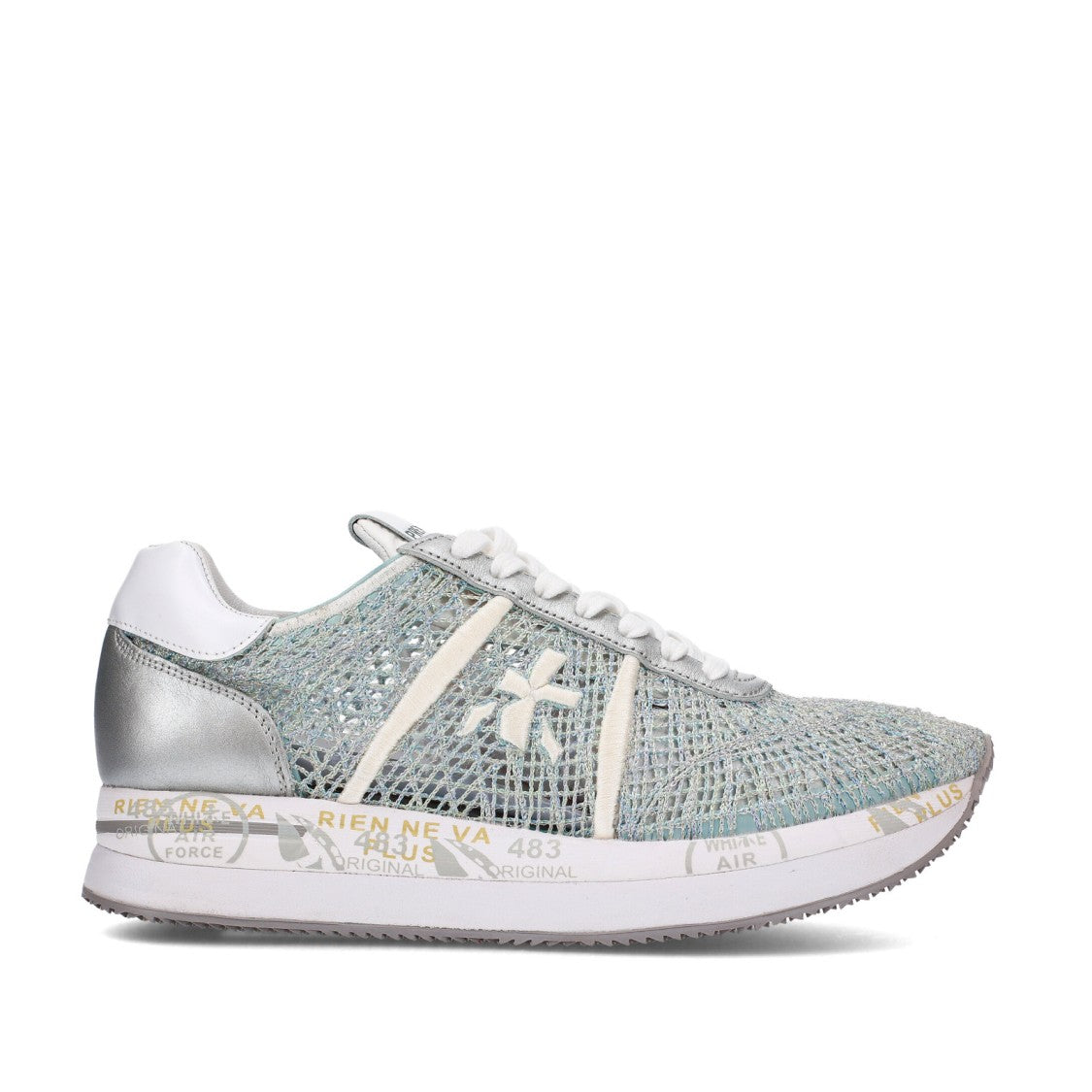 Premiata Light Blue Gray Crochet Fabric Conny Sneakers