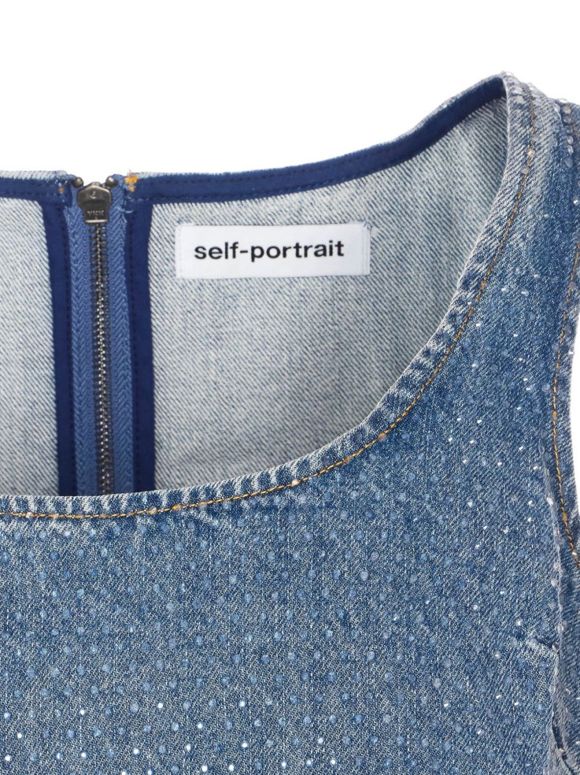 Self-Portrait Sleeveless Denim Crop Top With Crystal Embellishments And Zip Closure