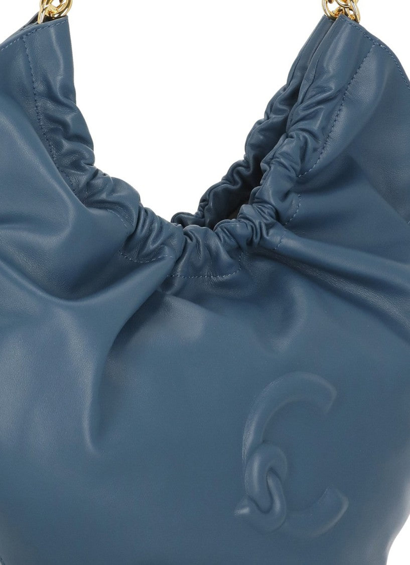 Coccinelle Medium Shoulder Bag In Smooth Blue Leather With Gathered Design