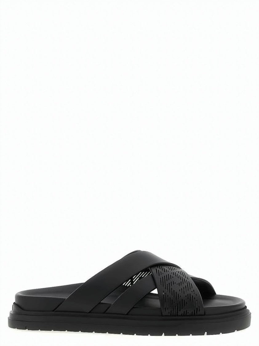 Fendi Crossed Calf Leather Black Mule Sandals