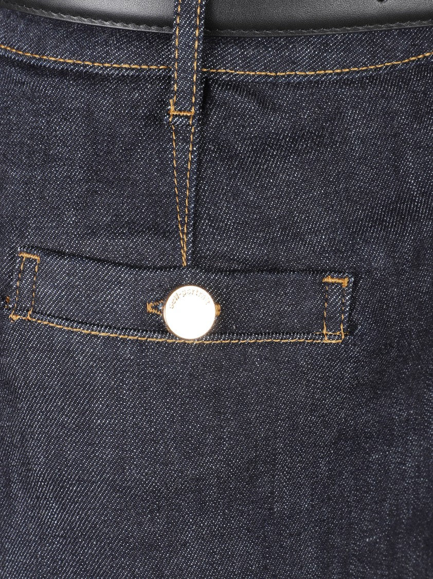 Self-Portrait High-Waisted Denim Midi Skirt With Front Pockets And Belt