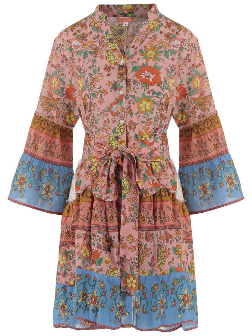 Pep's Cannes Floral-Print Cotton Mini Dress With Mandarin Collar And Adjustable Belt
