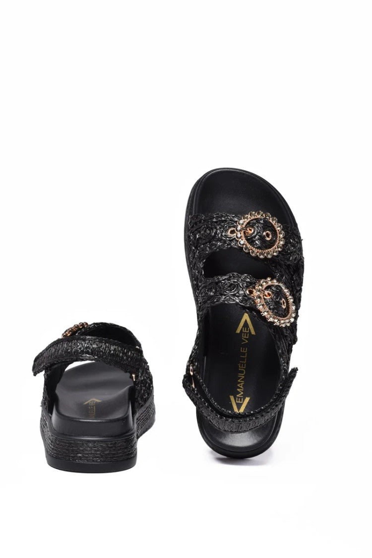 Emanuélle Vee Black Raffia Rubber Sole Wedge Sandal