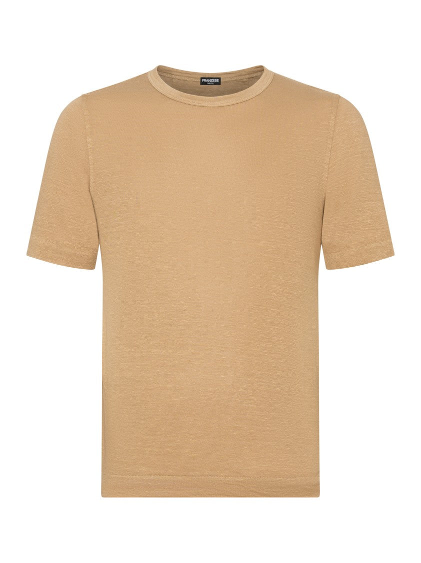 Franzese Collection Beige Handmade Crewneck T-Shirt In Irish Linen