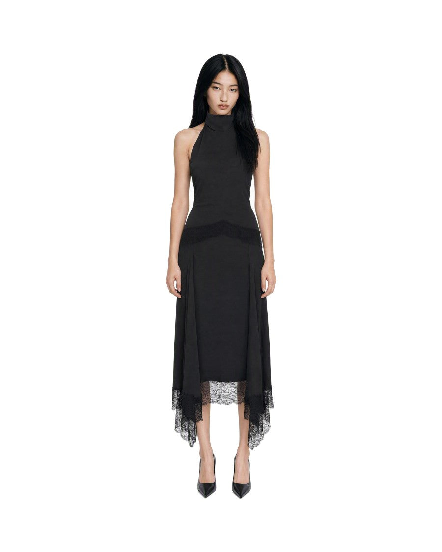 The Andamane Black Halter Neckline Lace Insert Cupro Maxi Dress
