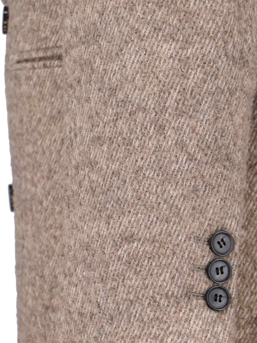 Tonywack Double-Breasted Beige Wool Coat With Herringbone Texture