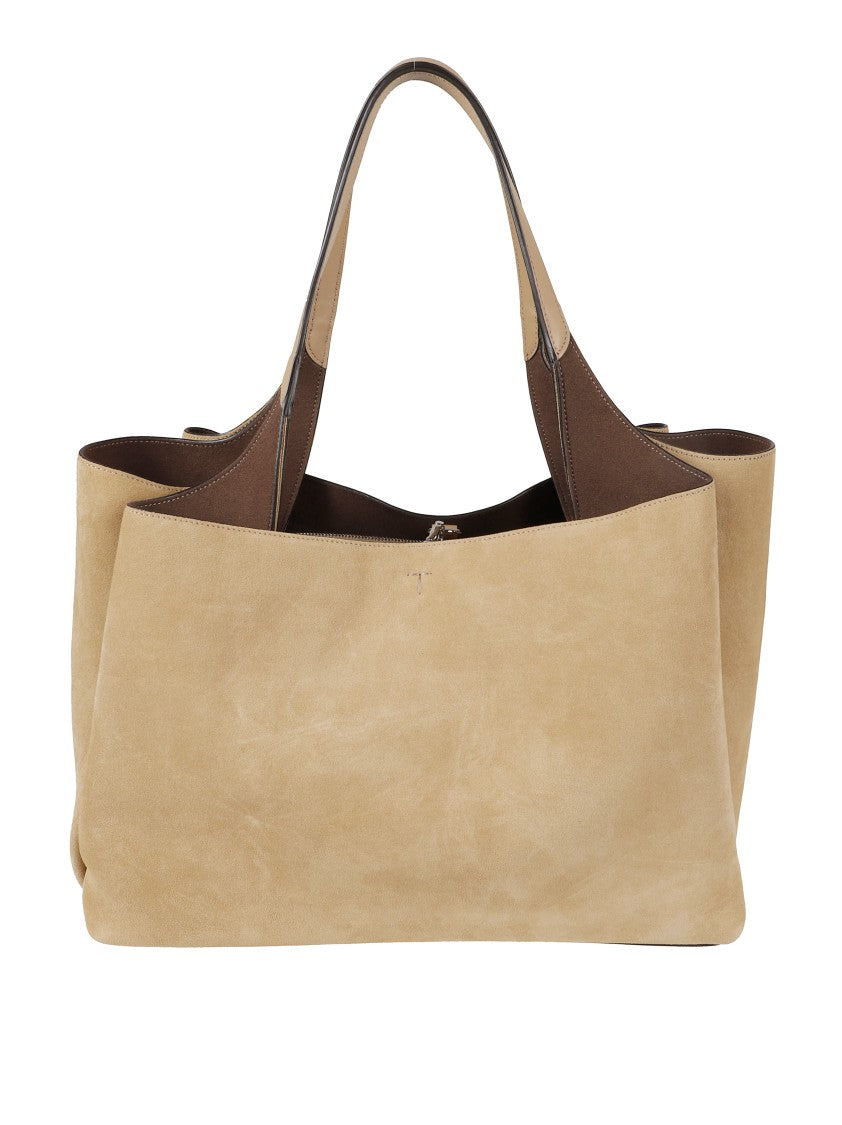 Tod's Spacious Beige Suede Tote Bag With Contrasting Handles