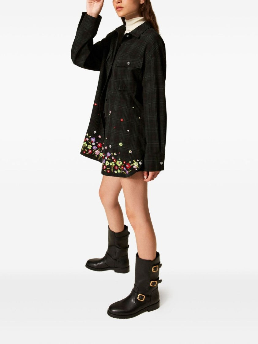Twin-Set Dark Plaid Shirt With Floral Embroidery