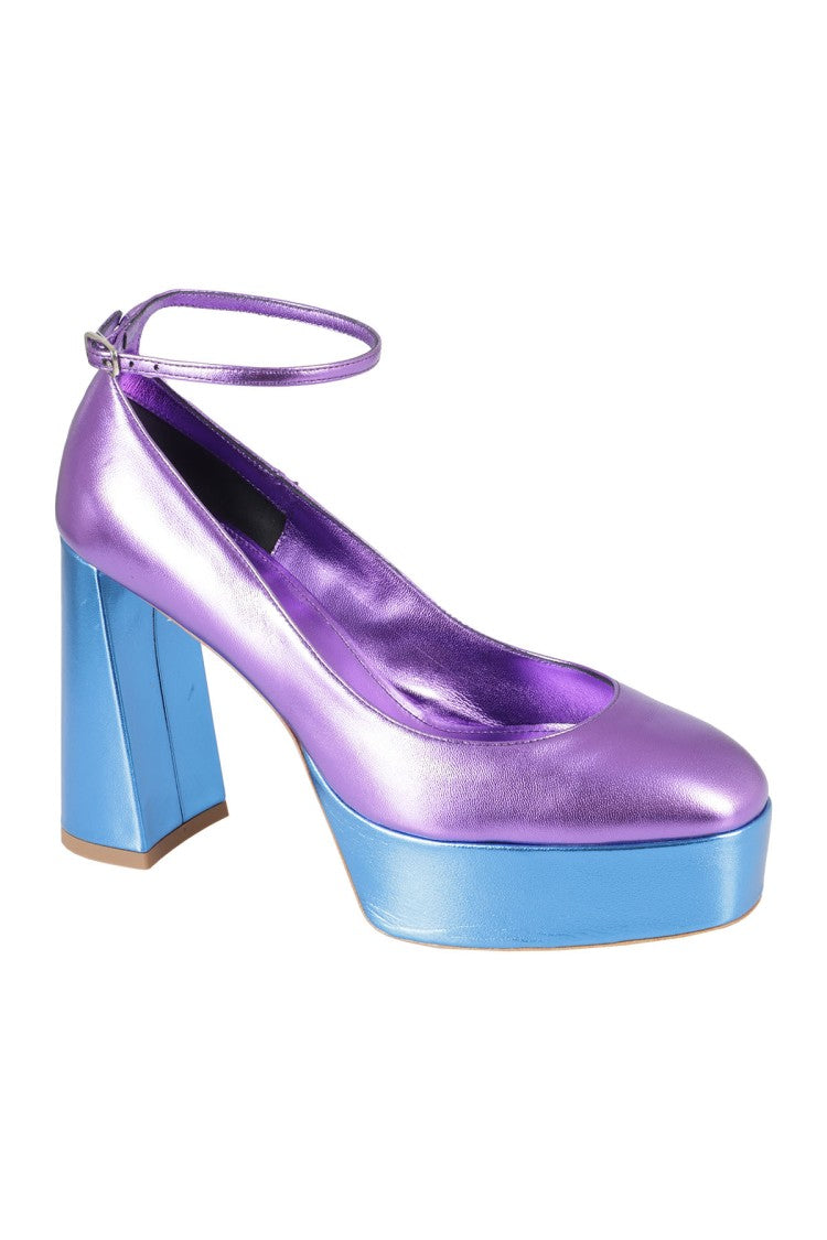 Bettina Vermillon Metallic Purple Ankle Strap Platform Pump