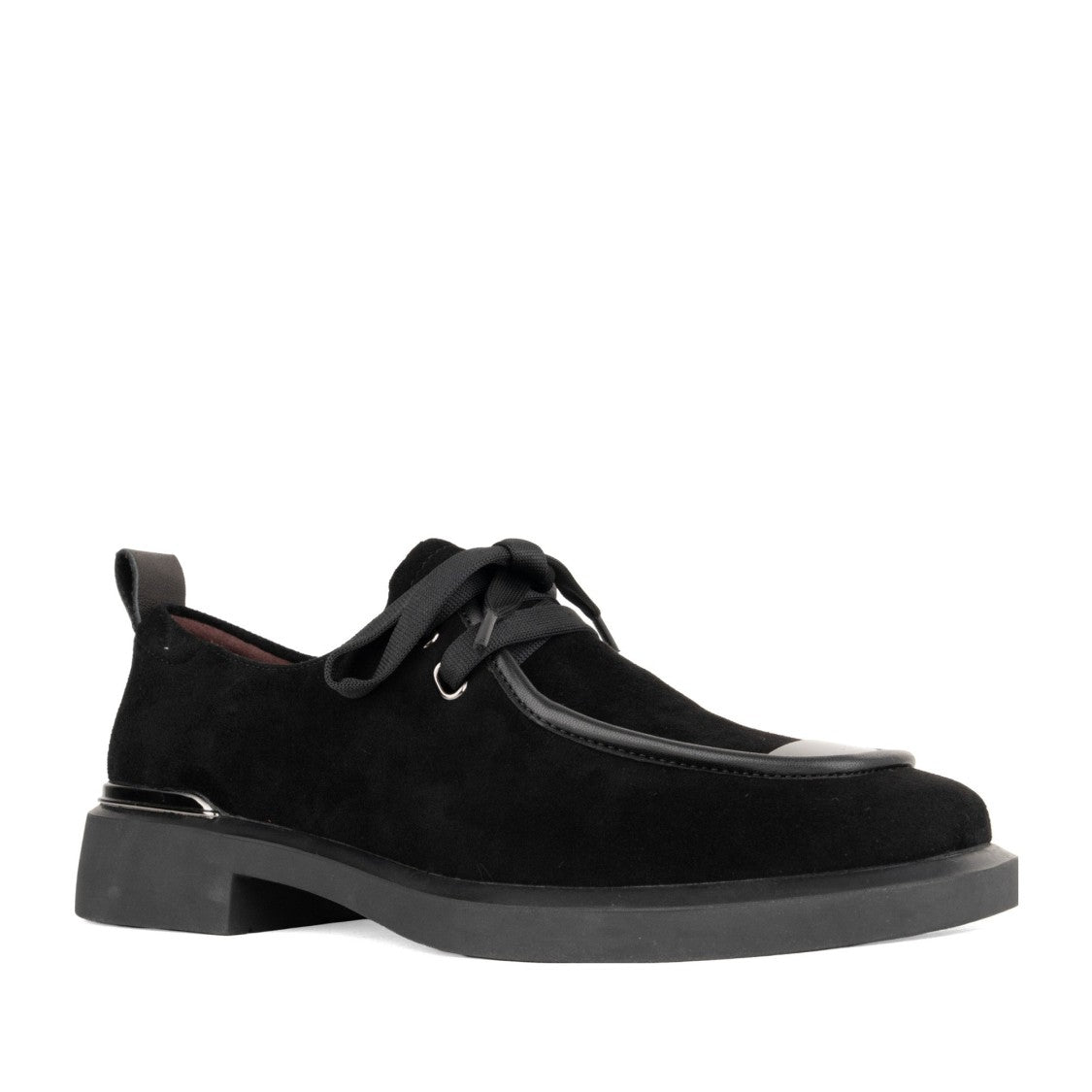 Linda Baumann Black Sleek Rounded Toe Leather-Accented Suede Flats