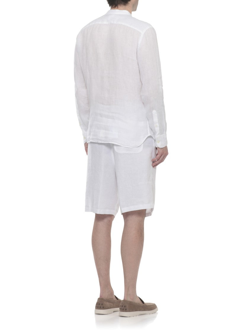 120% Lino White Mandarin Collar Linen Casual Shirt