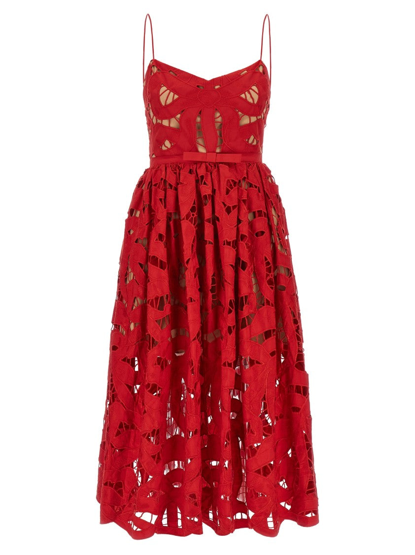 Self-Portrait Red Bow Embroidered Midi' Dress