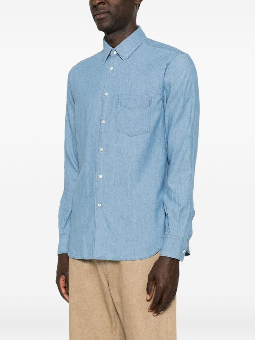 Aspesi Light Blue Denim-Like Button-Down Shirt With Pointed Collar
