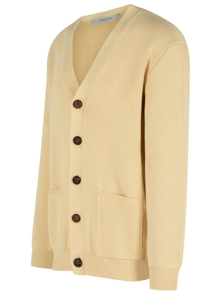 Golden Goose Beige Cotton Blend Cardigan With Textured Knit And Relaxed Fit
