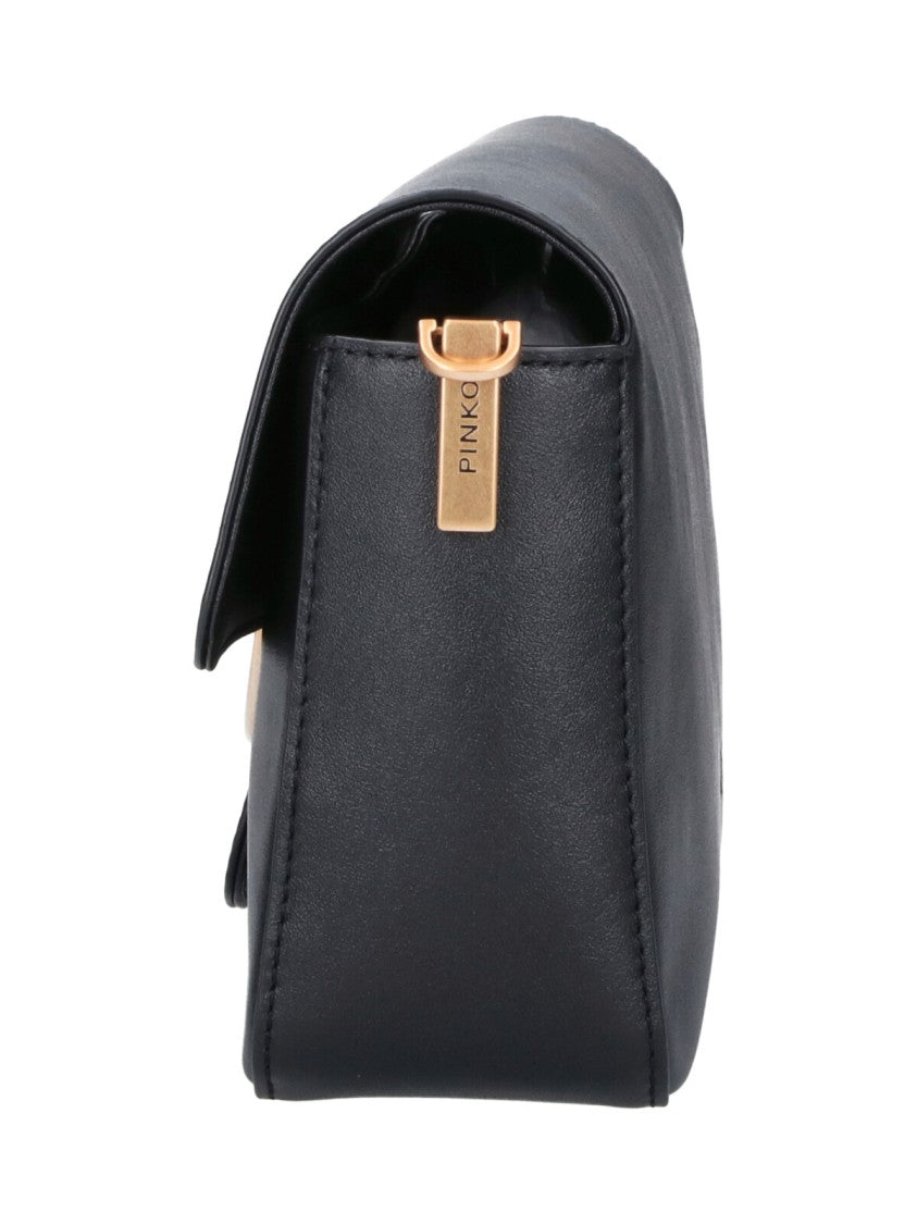 Pinko Black Leather Love Birds Flap Shoulder Bag