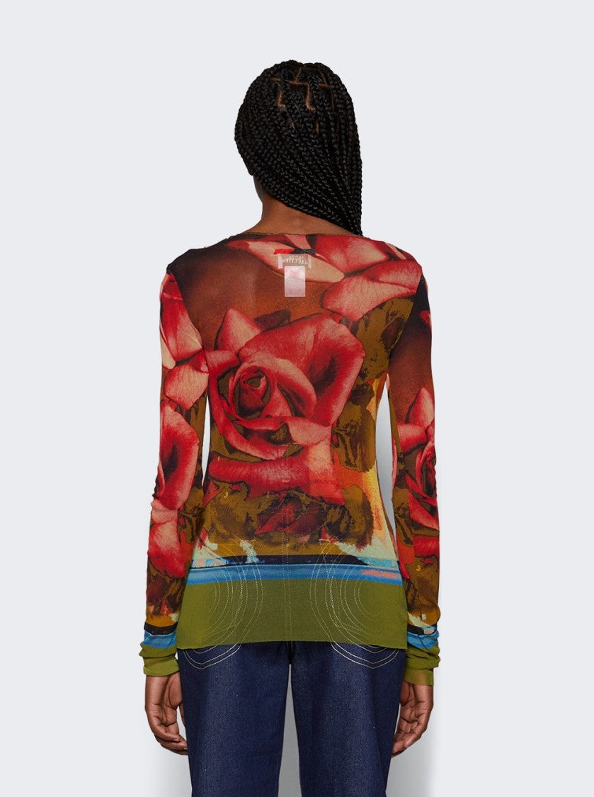 Jean Paul Gaultier Rose Printed Mesh Long Sleeve Top
