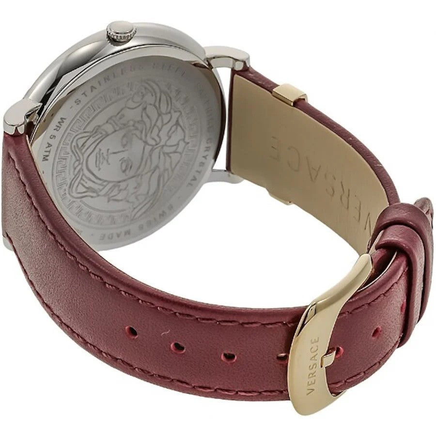 Versace 38Mm Red Calf Leather Watch With Silver Dial And Swiss Movement